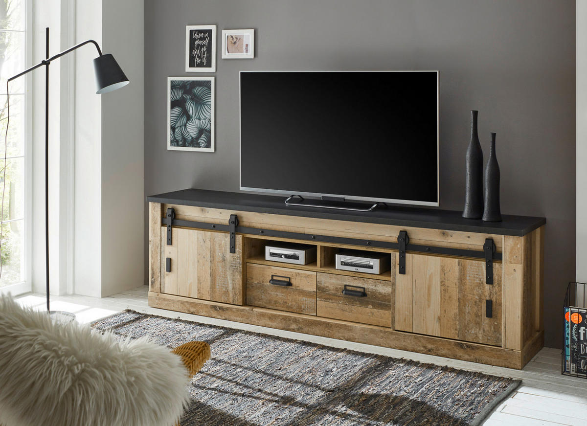 TV-LOWBOARD Used Wood hell, anthrazit 201 x 61 cm, TV Unterteil in Komforthöhe - Anthrazit/Schwarz, Holzwerkstoff/Metall (201/61/63cm) - Furn.Design