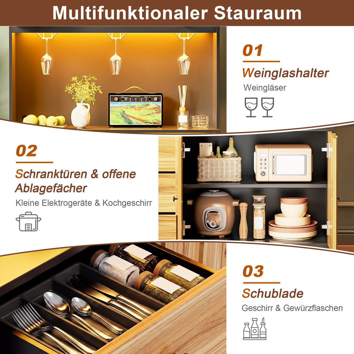 BUFFET DE-38715 100/40/180 cm LED-Beleuchtung und 3 Weinglashalter Natur - Naturfarben, Holzwerkstoff (100/180/40cm) - ComfortXL