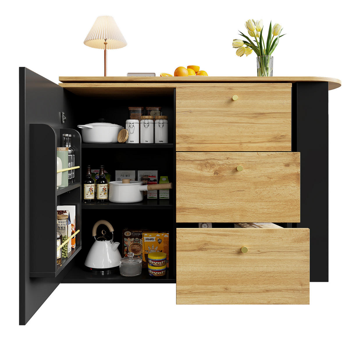 BAROVÝ stůl z MDF 138-204x39x104 cm černý otočný o 360° a výsuvný s úložným prostorem a 3 zásuvkami - černá, kompozitní dřevo (204/104/39cm) - Modfu