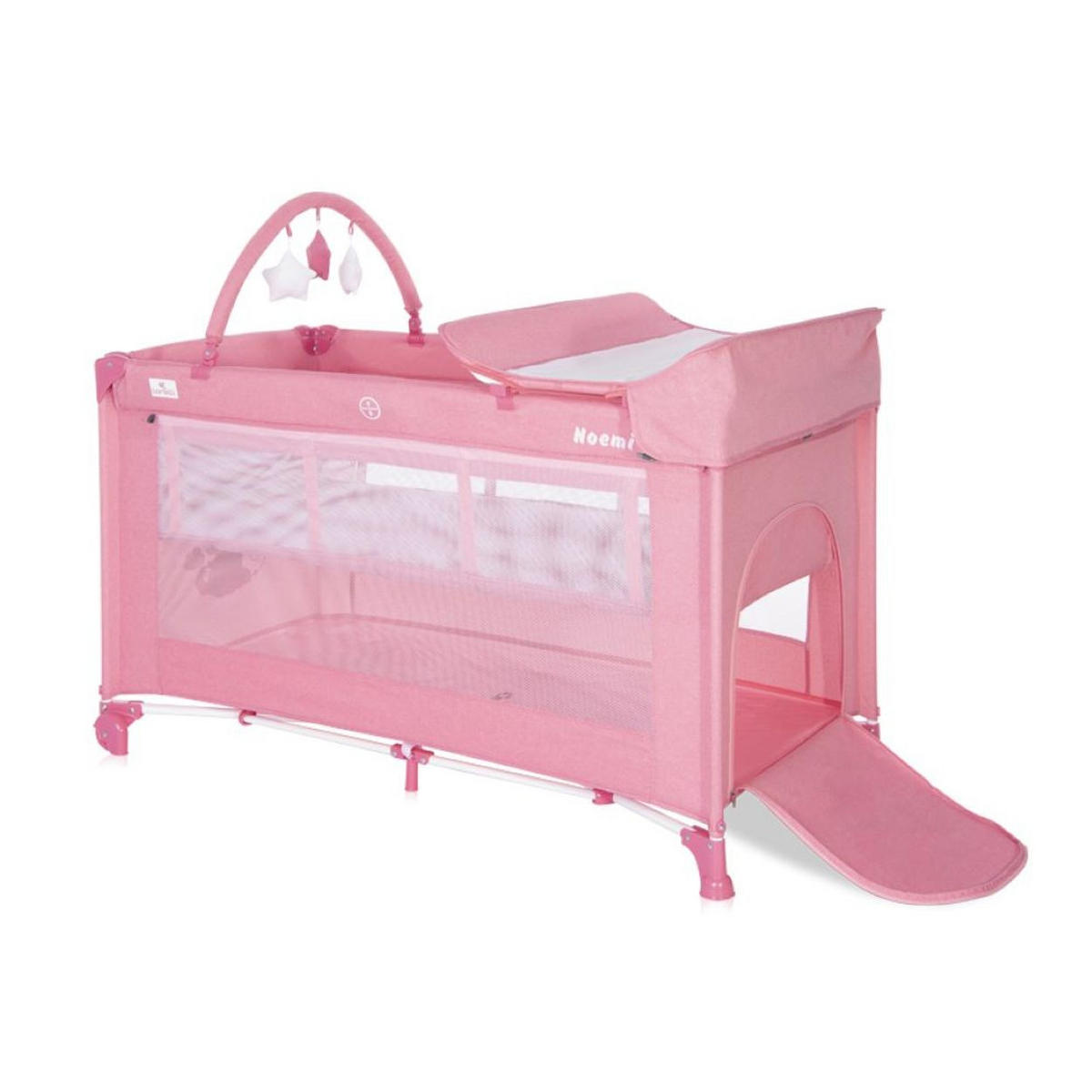 REISEBETT Noemi 2 Ebenen dunkelgrau Wickelauflage, Spielbogen, Tragetasche, Räder - Rosa, Kunststoff (69/127cm) - Lorelli