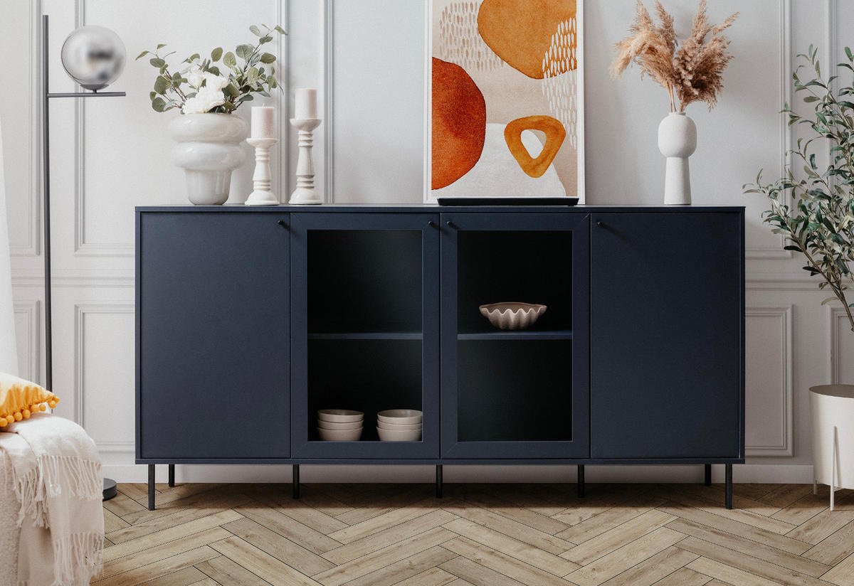 SIDEBOARD blau 180 cm, Kommode 4-türig mit viel Stauraum - Blau/Schwarz, Glas/Holzwerkstoff (180/90/40cm) - Furn.Design