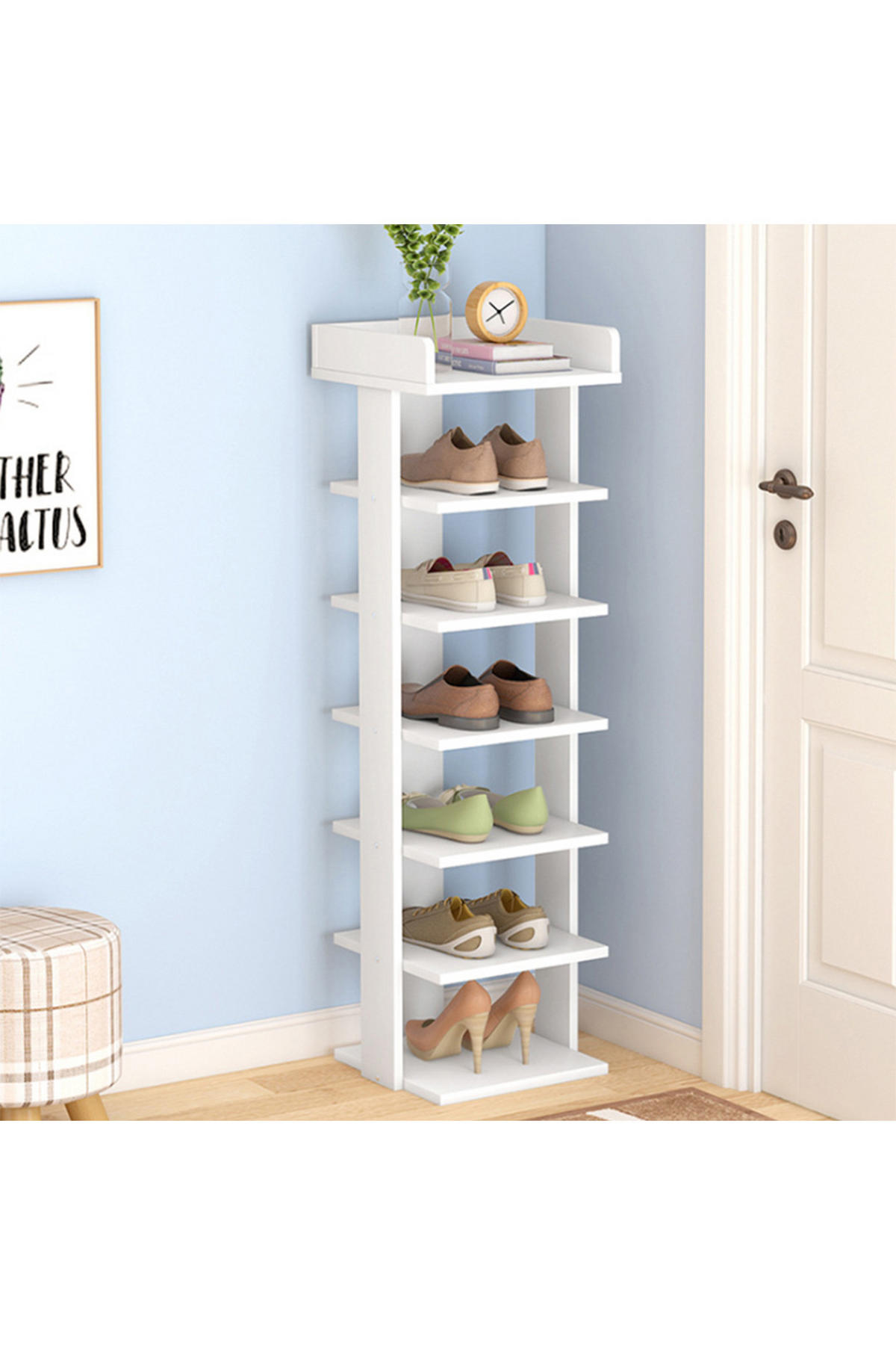 SCHUHREGAL 7-Stufige aus MDF in Weiß Stabile Konstruktion Offene Ablage Platzsparendes Design 25 x 27 x 104 cm - Weiß, Kunststoff (25/104/27cm) - Livingandhome