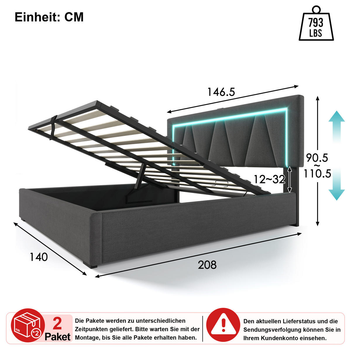 POLSTERBETT 140/200 cm in Grau Leinen mit Bettkasten, LED und USB - Grau, Holzwerkstoff/Textil (140/200cm) - WISHDOR