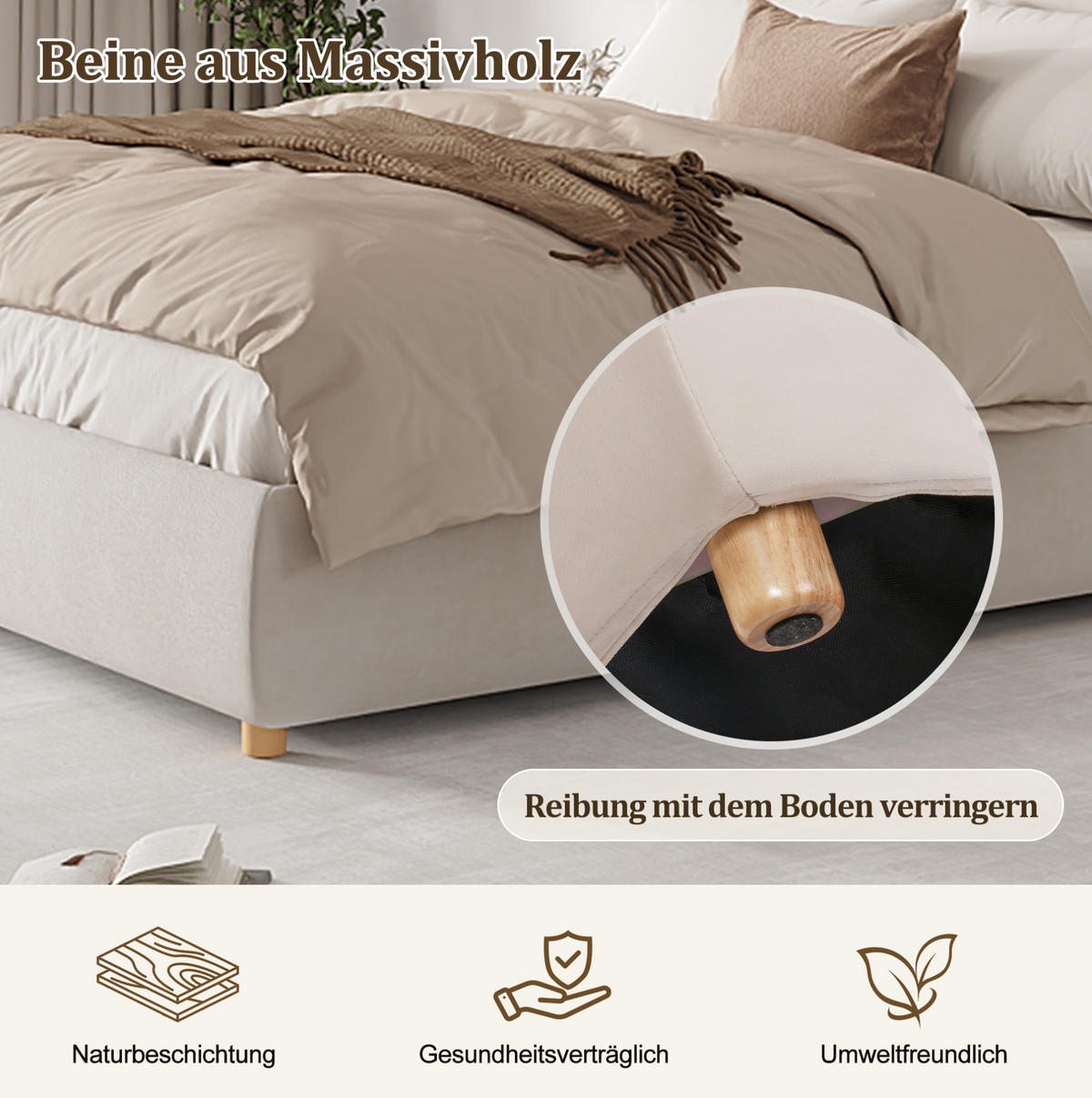POLSTERBETT 180/200 cm mit hydraulischem Bettkasten, Lattenrost, Samt-Kopfteil und Massivholzbeinen, Creme - Creme, Holzwerkstoff (180/200cm) - Redom