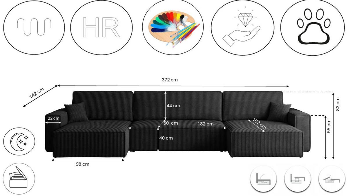 ECKSOFA Mit Schlaffunktion Und Bettkasten BEST U XL Stoff Poso Schwarz - Schwarz, Holz (142/372cm) - Kaiser Möbel