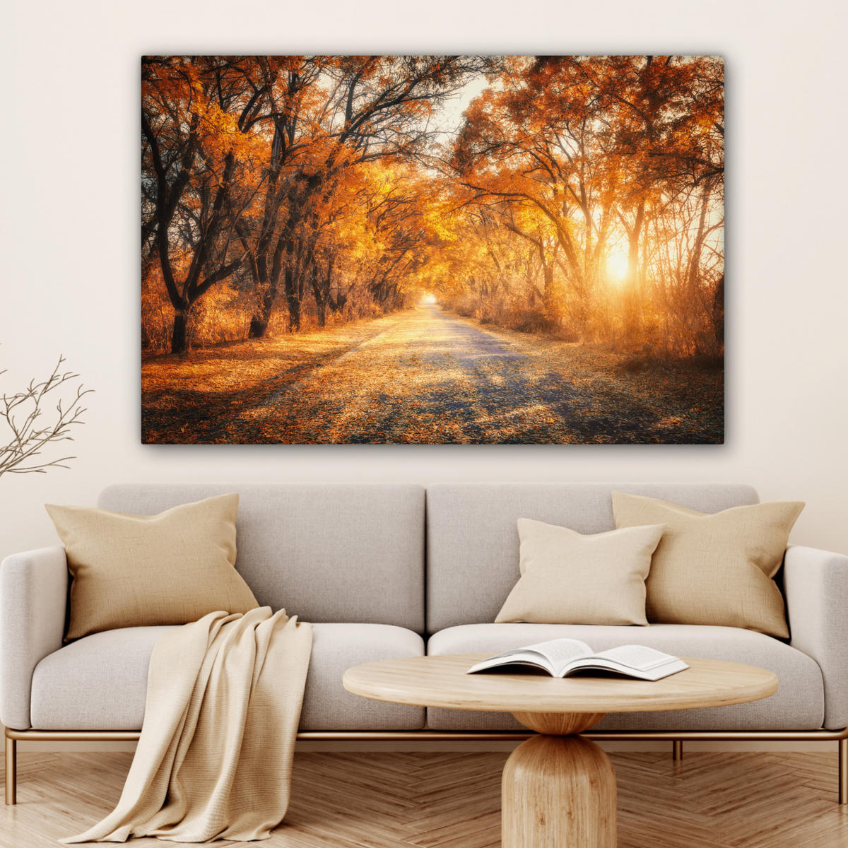 LEINWANDBILD Wald - Herbst - Bäume - Waldweg - Natur Groß 140x90 cm - Bernsteinfarben, Textil (140/90cm) - MuchoWow