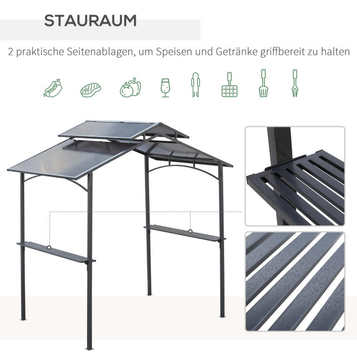 GRILLPAVILLON mit Flammschutzdach, mit 2 Ablagen 2.5 x 1.5 m Stahl PC, Schwarz+Braun - Schwarz, Metall (150/250/240cm) - Hauptrolle