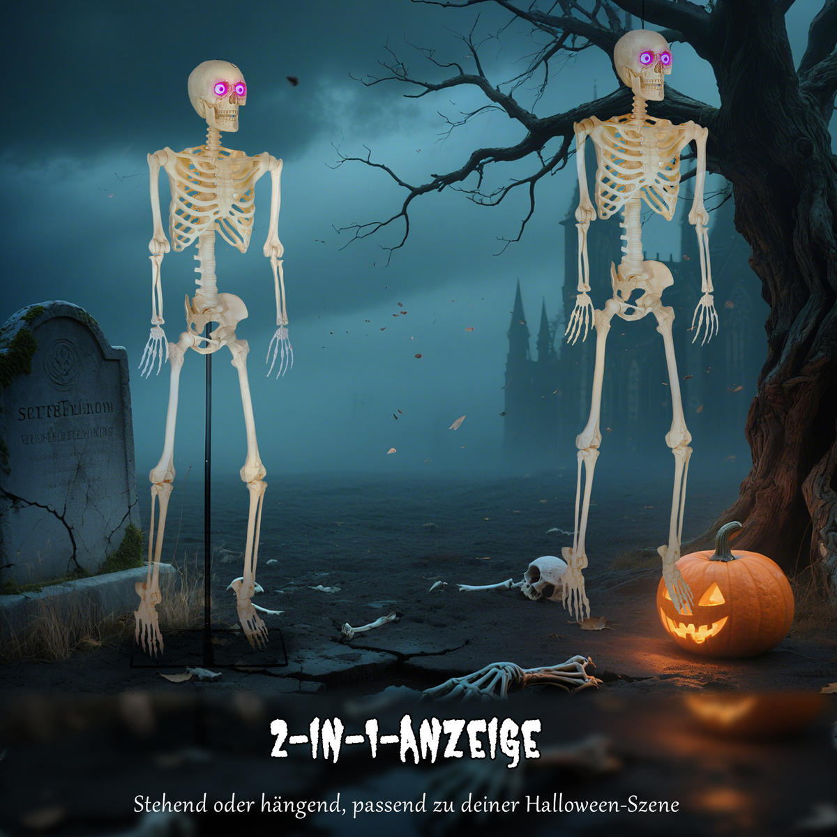 HALLOWEEN-DEKORATION Skelett 152 cm bewegliche Gelenke Beleuchtung - Gelb, Metall (17/152/47cm) - Outsunny