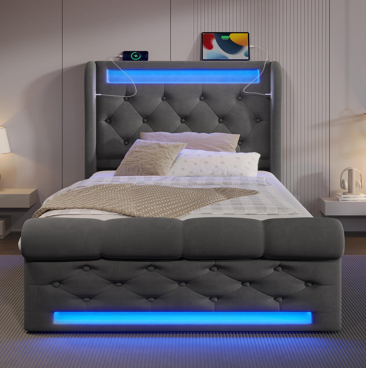 POLSTERBETT aus Samt 90x200 cm Grau mit Bettkasten, LED-Beleuchtung, USB- und USB-C-Anschlüssen - Grau, Textil (90/200cm) - IVMEU