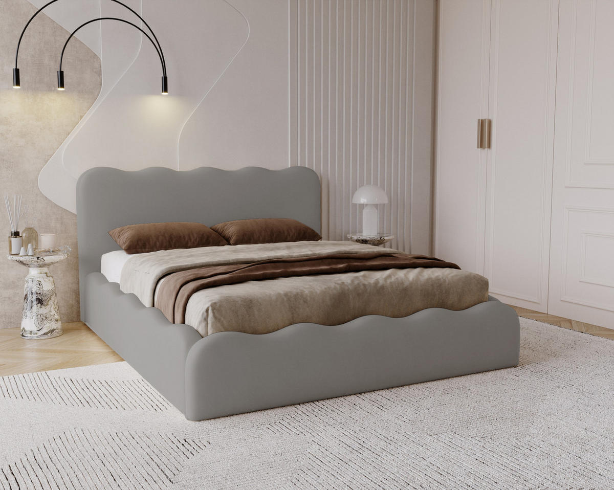 POLSTERBETT 180x200 Wave, Bettkasten, Samtstoff, Grau - Grau, Holz/Textil (180/200cm) - Emporius