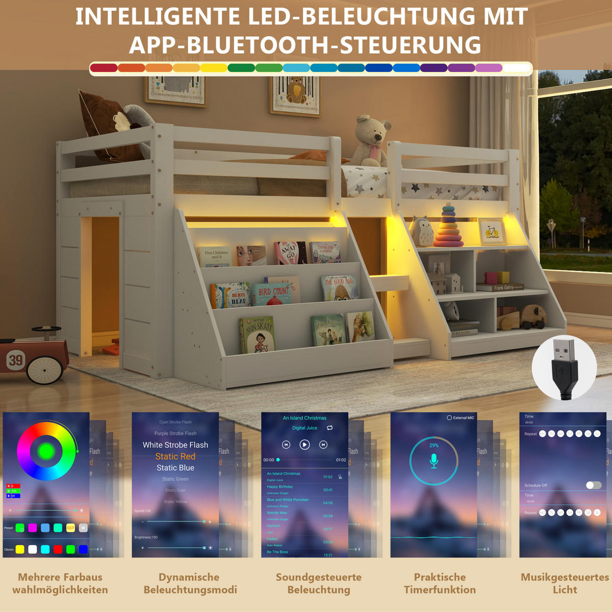 HALBHOHES BETT 90/200 cm Weiß mit LED und Stauraum - Weiß, Holz (90/200cm) - MIVRAY