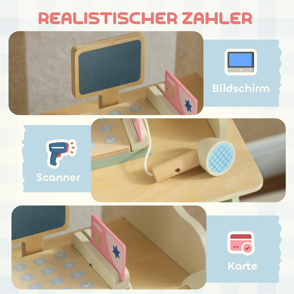 KAUFLADEN für Kinder Kaufladen Supermarkt mit Kasse Scanner Tafel Spielzubehör - Hellgrün, Holzwerkstoff (30/92.5/40cm) - AIYAPLAY