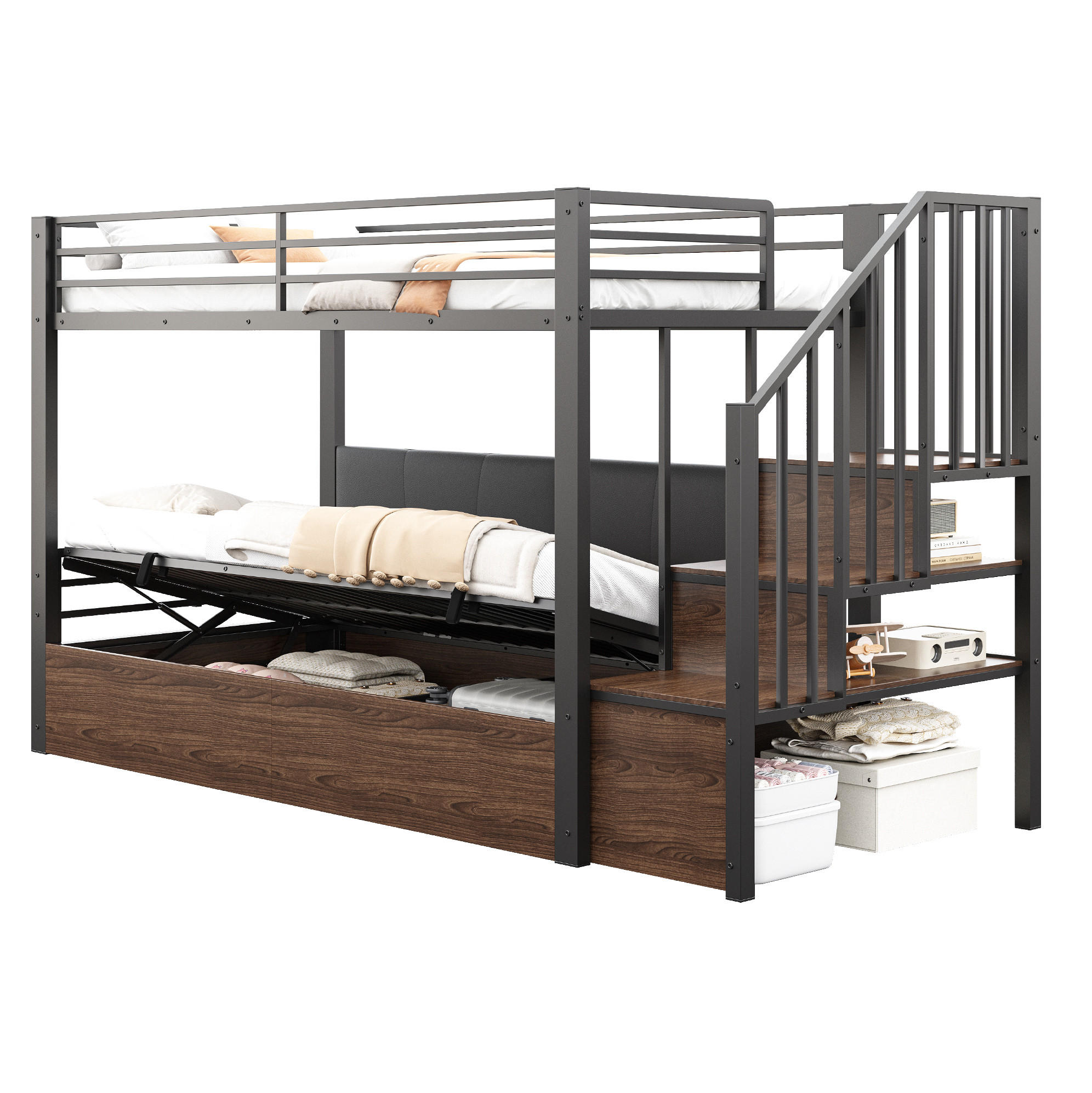 PATROVÁ postel 90/200 cm černá z kovu a MDF s úložným prostorem - černá, plast (90/200cm) - OKWISH