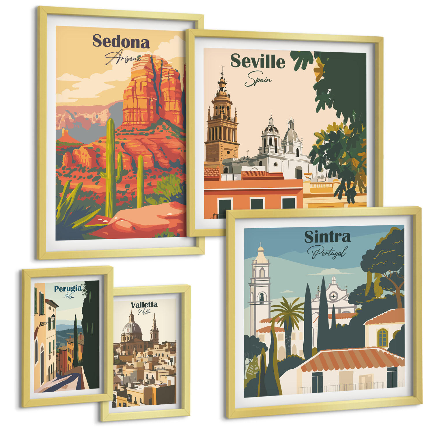 BILDER SET 5er Set - 50x50 cm & 20x30 cm & 40x60 cm Goldrahmen - Illustrationen von Küstenstädten - Goldfarben, Kunststoff (40/60cm) - TULUP