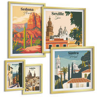 BILDER SET 5er Set - 50x50 cm & 20x30 cm & 40x60 cm Goldrahmen - Illustrationen von Küstenstädten - Goldfarben, Kunststoff (40/60cm) - TULUP