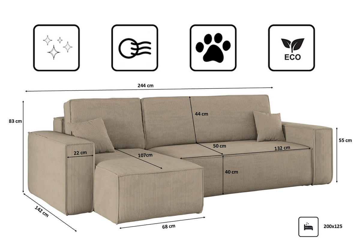 ECKSOFA Mit Schlaffunktion Und Bettkasten BEST Stoff Poso Dicker Cord Dunkelbeige Links - Cappuccino, Holz/Textil (142/244cm) - Kaiser Möbel