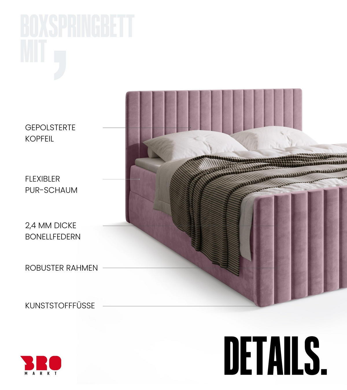 BOXSPRINGBETT Dream Duo mit Topper 180/200 Puderrosa - Rosa, Kunststoff (180/200cm) - Bromarkt