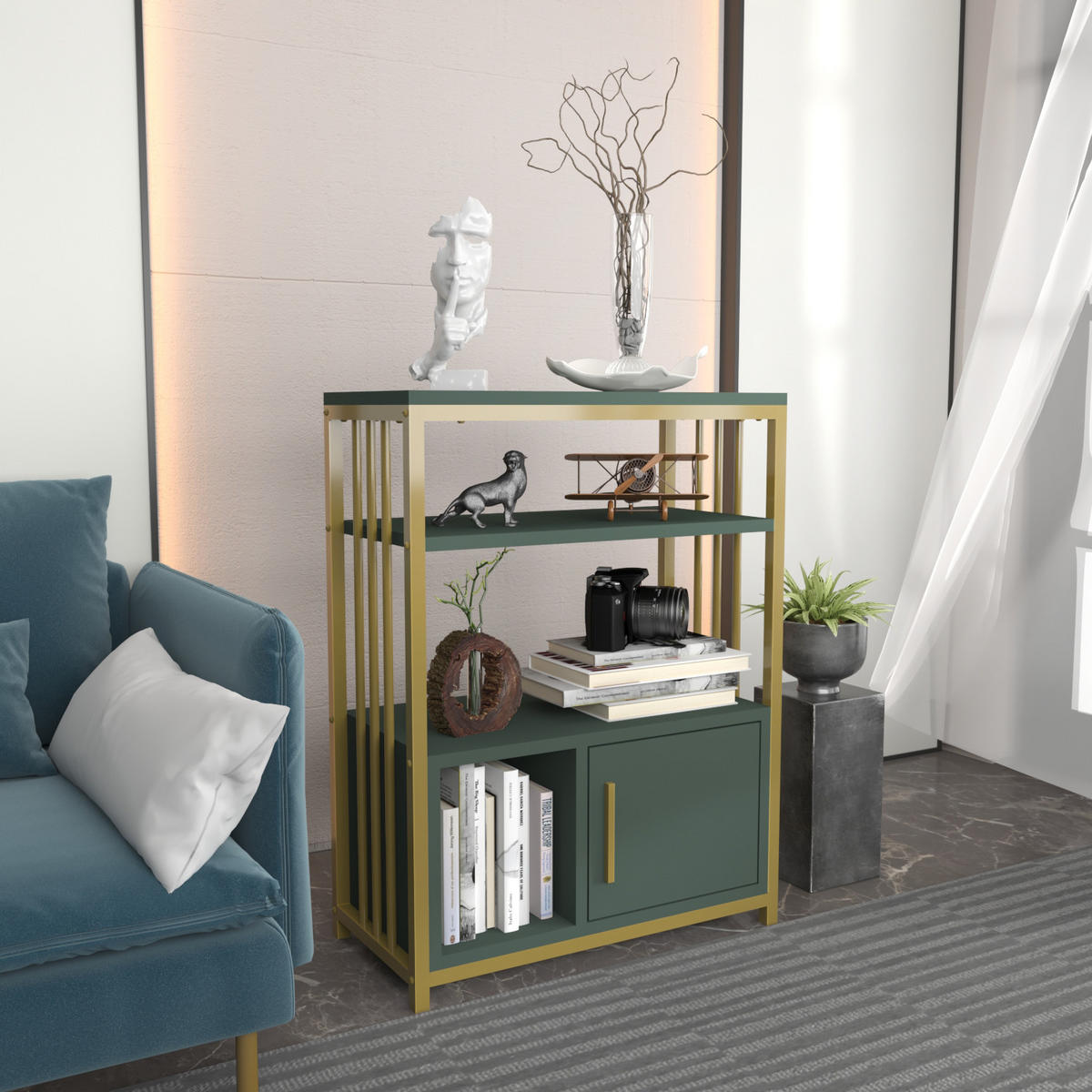 BÜCHERREGAL Letos Grün Gold - Goldfarben/Grün, Holzwerkstoff (29.6/80/60cm) - Decorotika