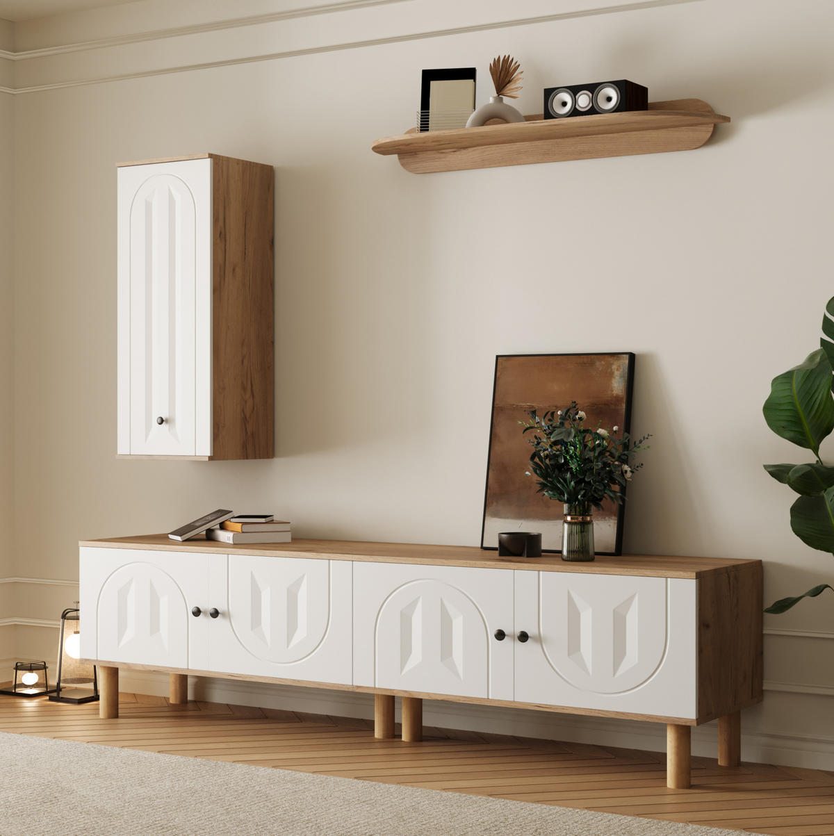 WOHNWAND 3-tlg. mit TV-Lowboard, Highboard und Wandboard Weiß/Naturholz - Weiß, Holzwerkstoff (40/50/170cm) - Beauniv