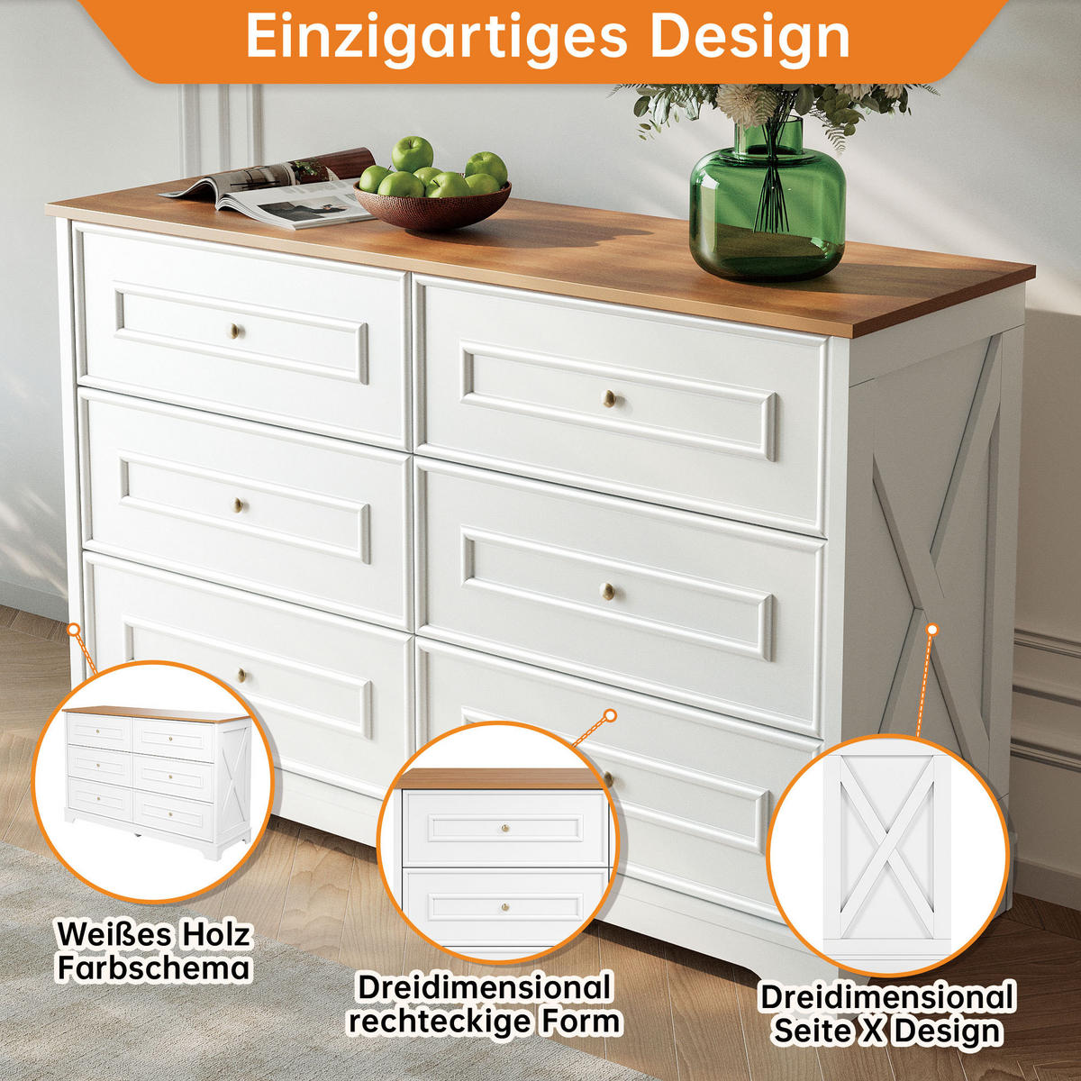 SIDEBOARD in Weiß Kommode mit 6 Schubladen und viel Stauraum, für Wohnzimmer, Esszimmer oder Flur, B120/T40/H76cm - Weiß, Holzwerkstoff (120/76/40cm) - STILVORA