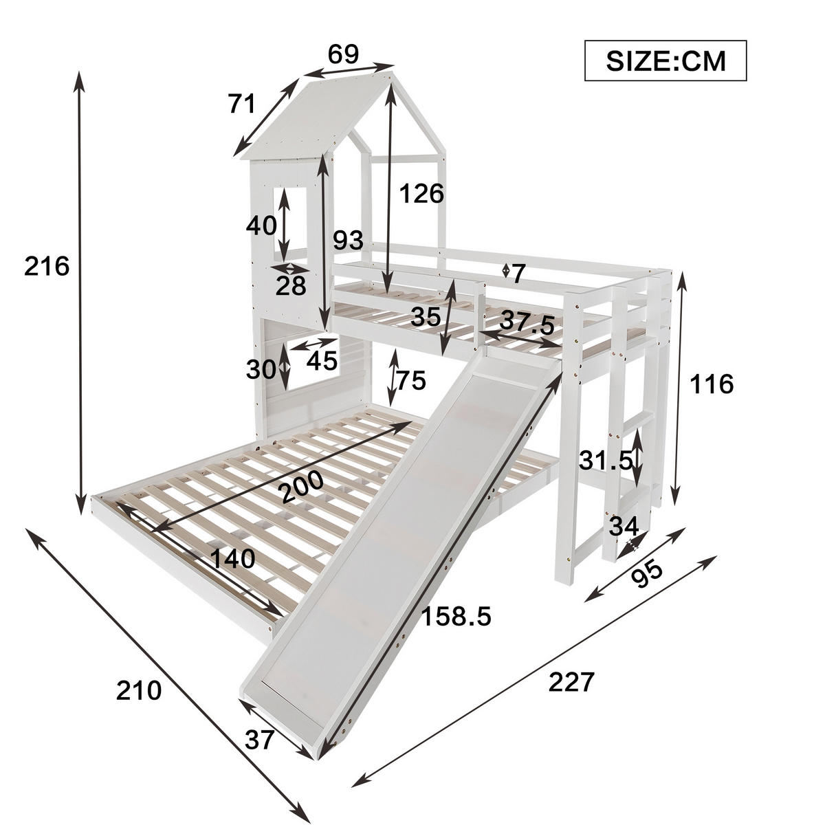 ETAGENBETT aus Kiefernholz und MDF 90x200 und 140x200 cm Weiß mit Rutsche und Fallschutzgitter - Weiß, Holzwerkstoff (90/200cm) - IVMEU