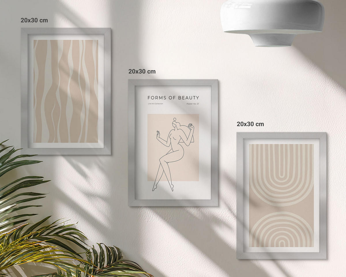 BILDER SET 3er Set - 20x30 cm Silberner Rahmen - Abstrakte Boho-Dekorationen - Silberfarben, Kunststoff (20/30cm) - TULUP