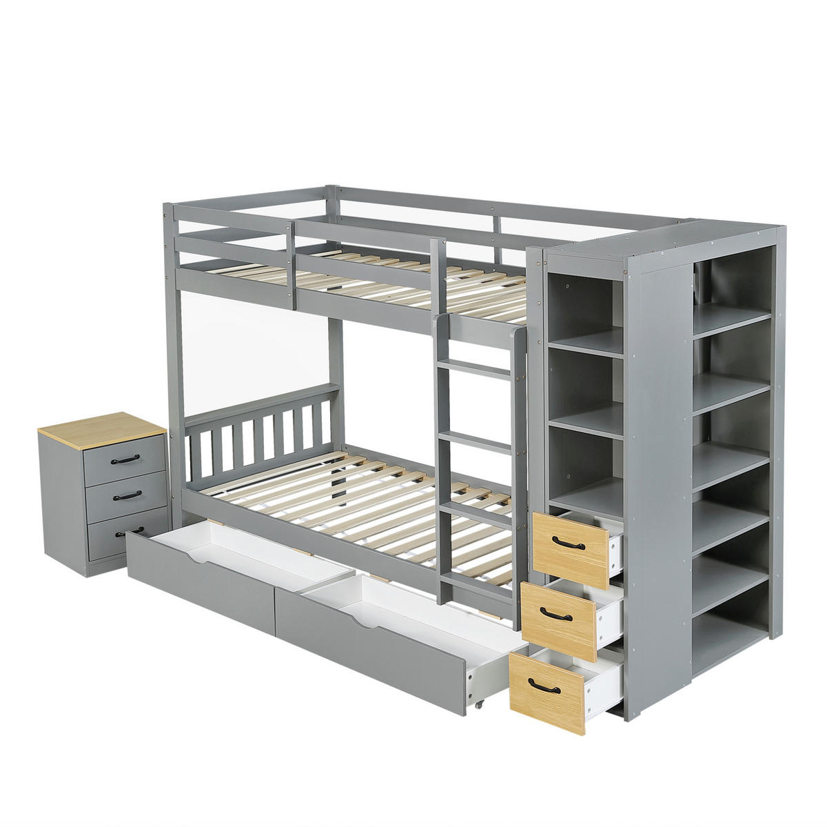 ETAGENBETT aus Massivholz, Sperrholz, Spanplatte und MDF 90x200 cm Hellgrau mit Stauraum, Leiter und Nachtkommode - Hellgrau, Holz (90/200cm) - Modfu