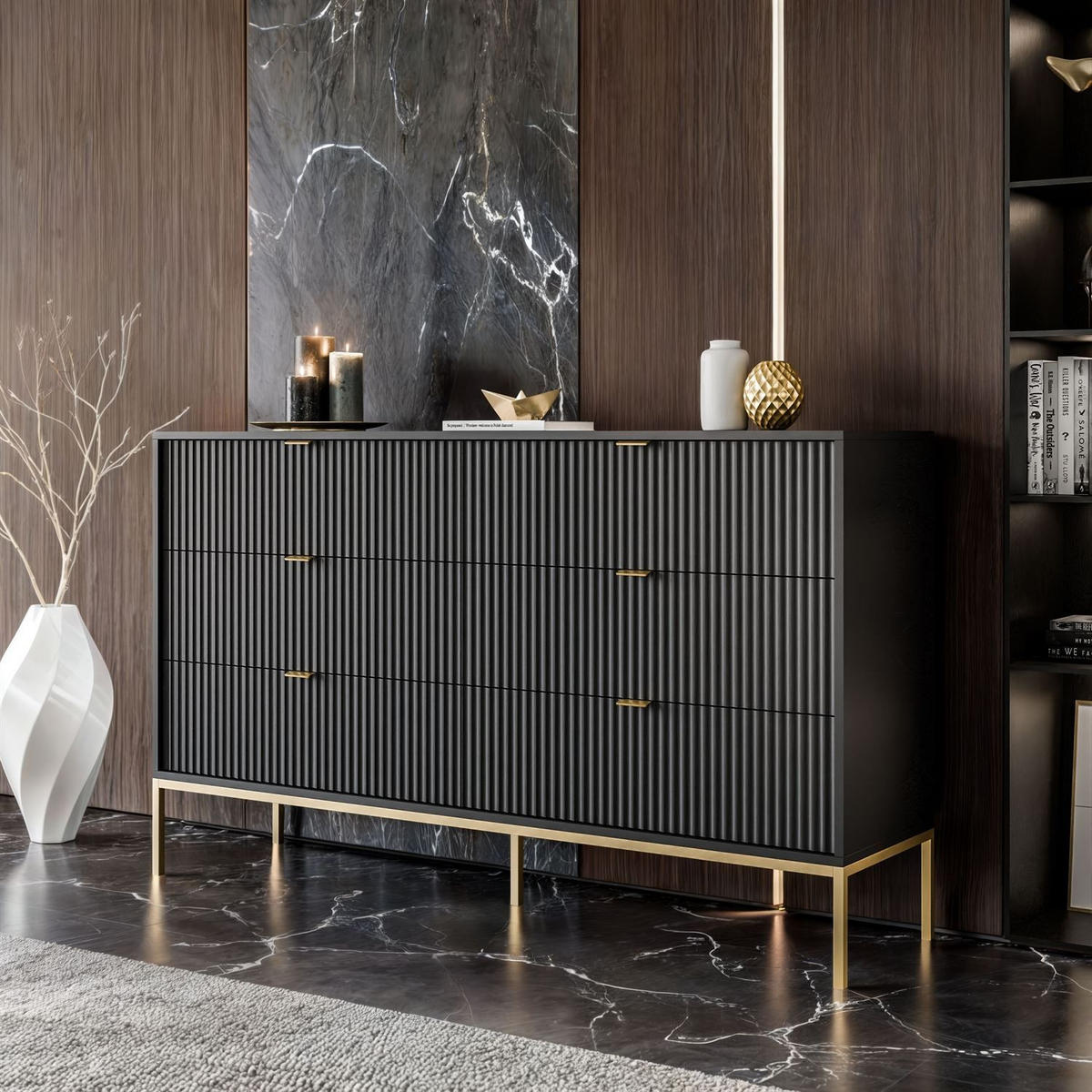 KOMMODE CORTADO GOLD KS154 MIT SCHUBLADEN SCHWARZ - Schwarz, Holzwerkstoff (154/91/39cm) - Lookway