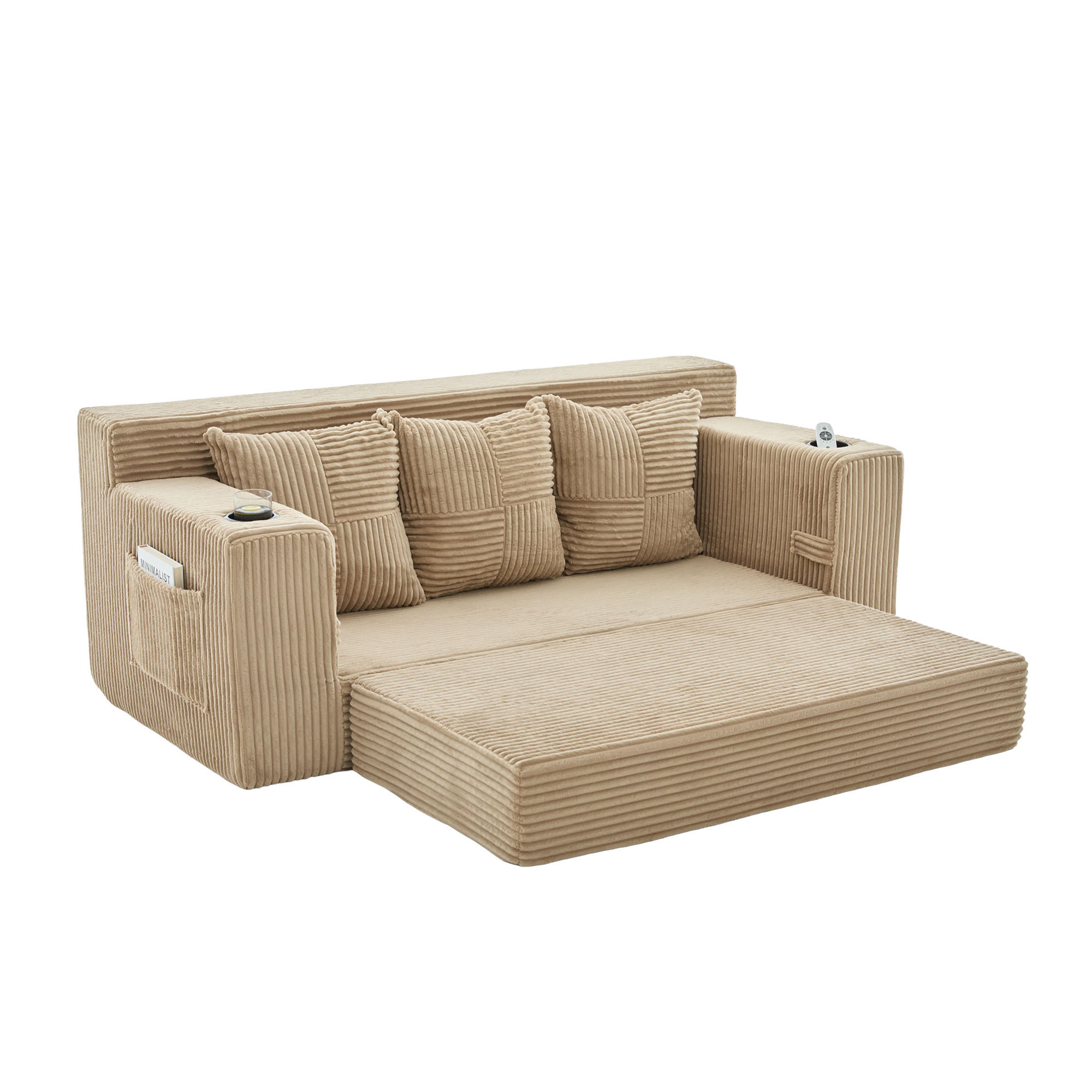 2-SITZER Bodensofa ausklappbar, Getränkehalter/Seitentaschen, Cord, hellbraun - Hellbraun, Textil (172/64/87cm) - LVHOM