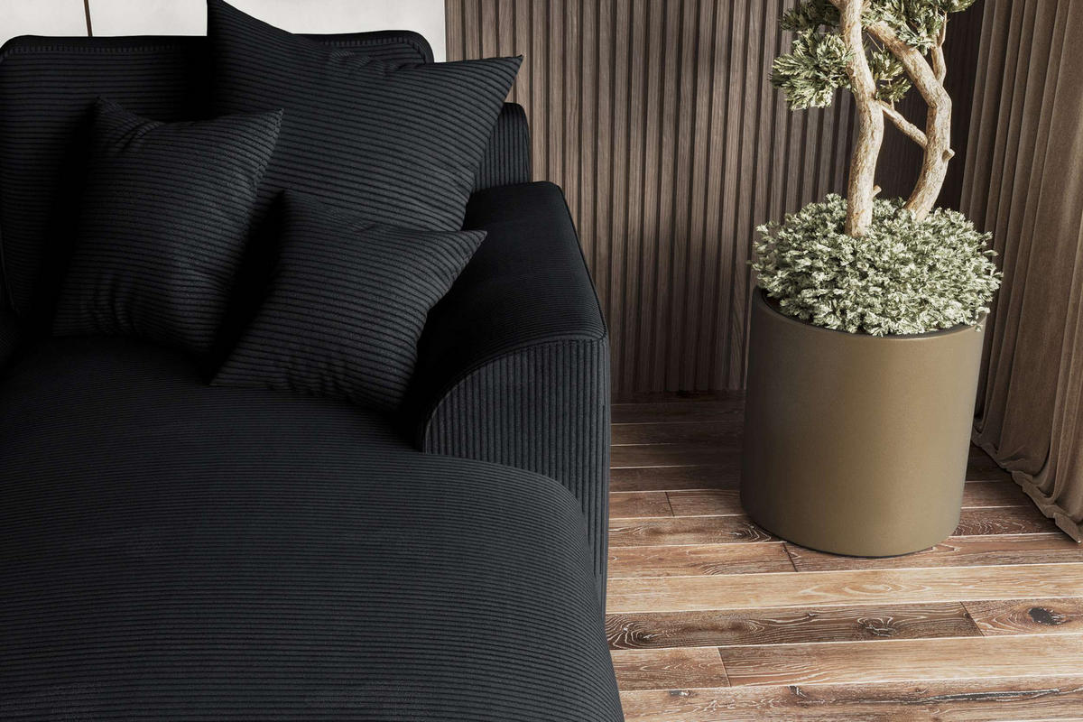 ECKSOFA GUSTO Cordstoff Schwarz Rechts inkl. Schlaffunktion - Chromfarben/Schwarz, Kunststoff/Textil (295/194cm) - 99rooms