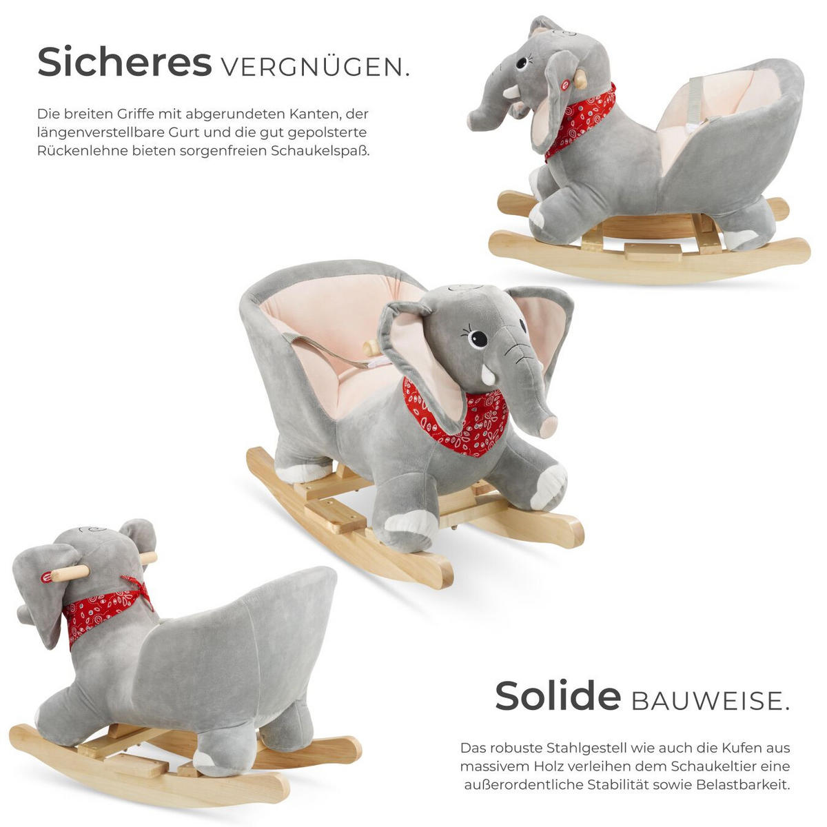 SCHAUKELTIER Elefant ,massive Holzkufen, ab 12 Monaten geeignet,grau - Grau, Kunststoff (33/45.5/63cm) - tectake