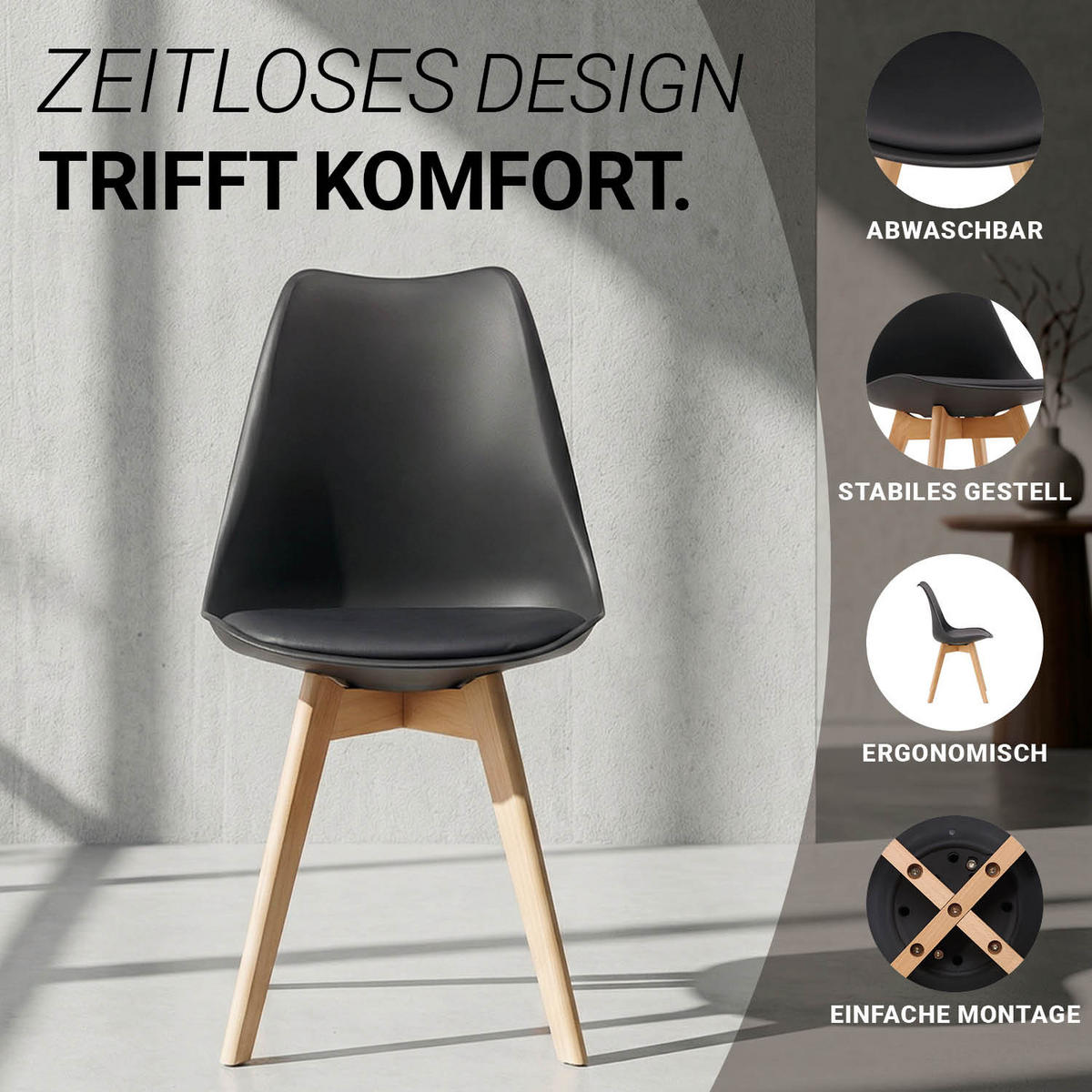 KÜCHENSTUHL 2er-Set Kunststoff Schwarz - Schwarz, Holz (46/80/45cm) - Homestyle4u