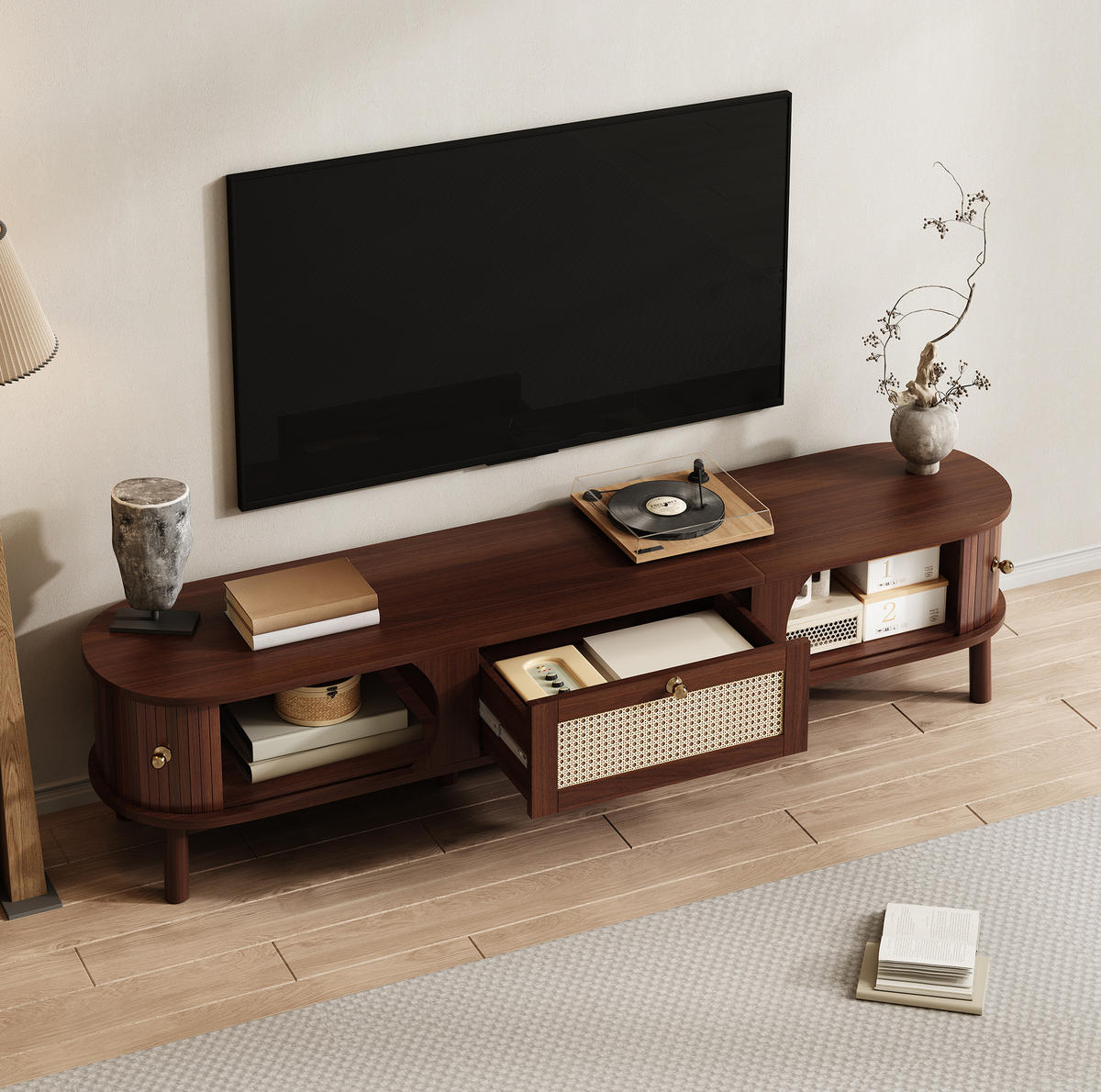 TV-LOWBOARD 170/39,5/38 cm mit Rattanschubladen und Schiebetür - Eichefarben, Holzwerkstoff (170/38/39.5cm) - BEAOK