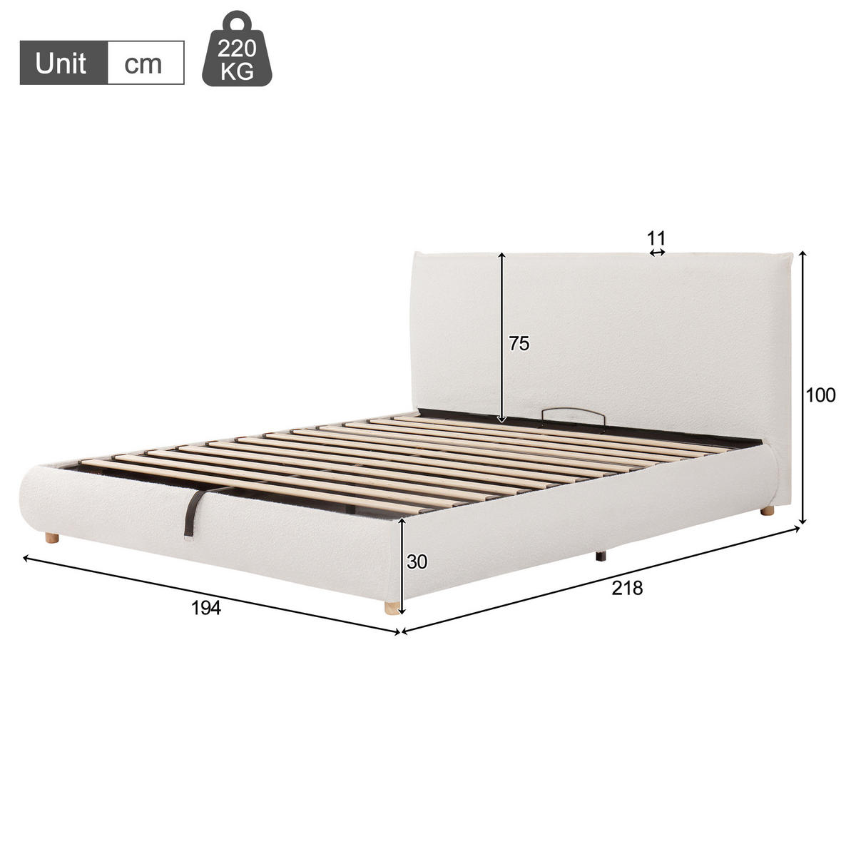 BETT mit Stauraum und Lattenrost 180x200 cm Bouclé Weiß - Weiß, Metall (180/200cm) - Meubliv