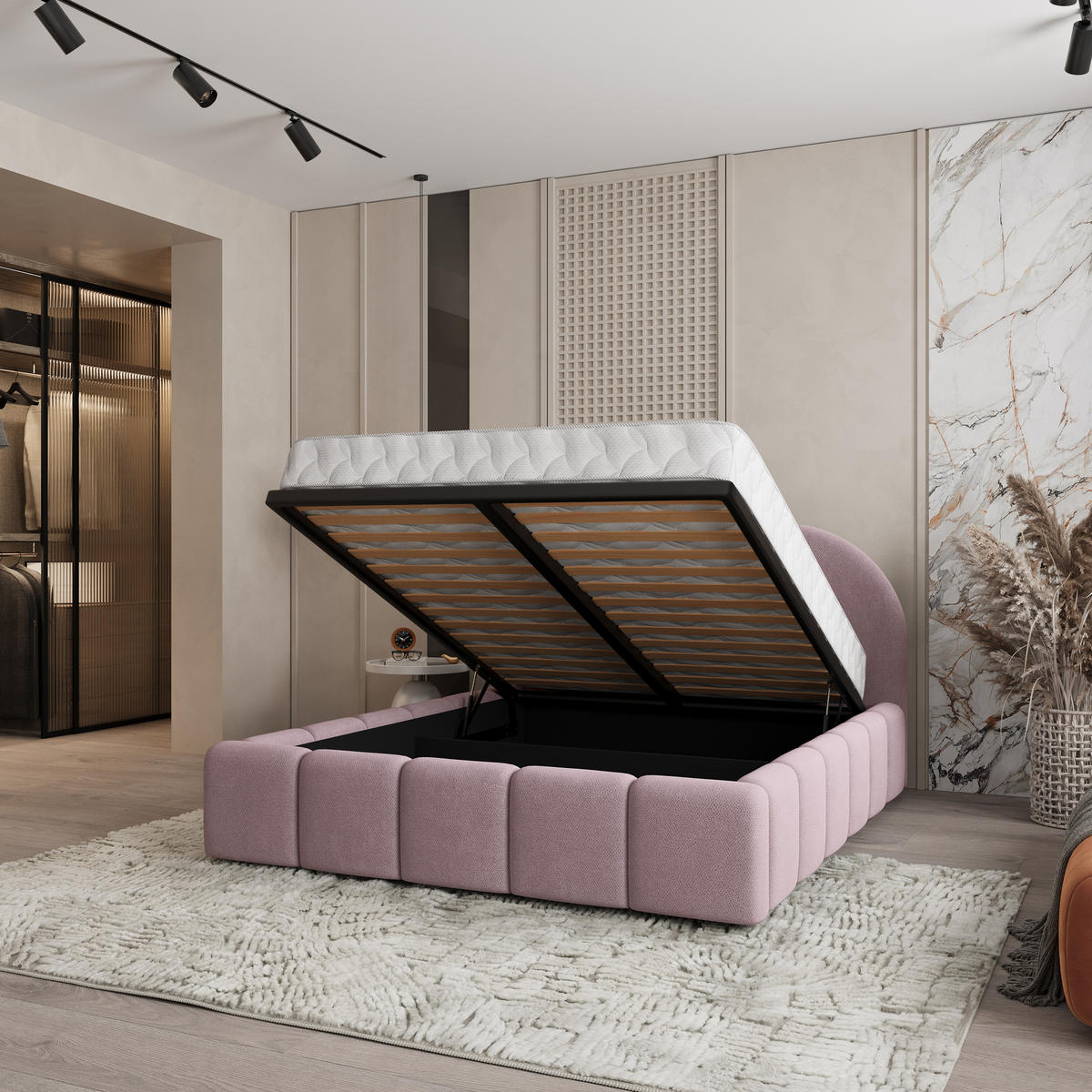 POLSTERBETT FLUSSO 160x200 cm mit Bettkästen - Rosa - Rosa, Holz (160/200cm) - MASSENO