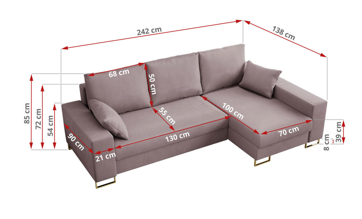 ECKSOFA Dorian Velvet Rosa - Goldfarben/Rosa, Textil/Metall (242/138cm) - MKS