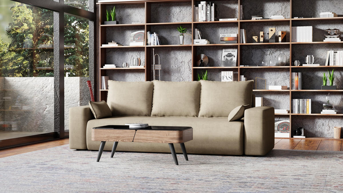SOFA Bubi mit Bettkasten und Schlaffunktion, Velourstoff - Cappuccino, Holzwerkstoff (242/85/95cm)