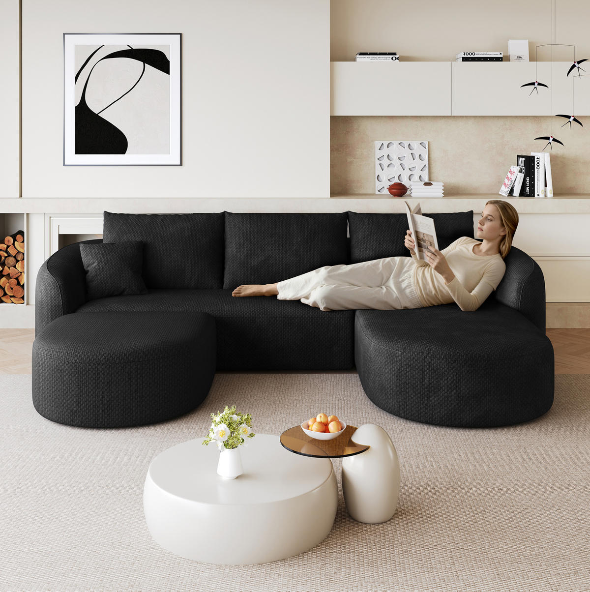 ECKSOFA 266/168/85 cm schwarz aus Stoff mit modularer Form und ohne Montage - Schwarz, Textil (168/266cm) - OKWISH