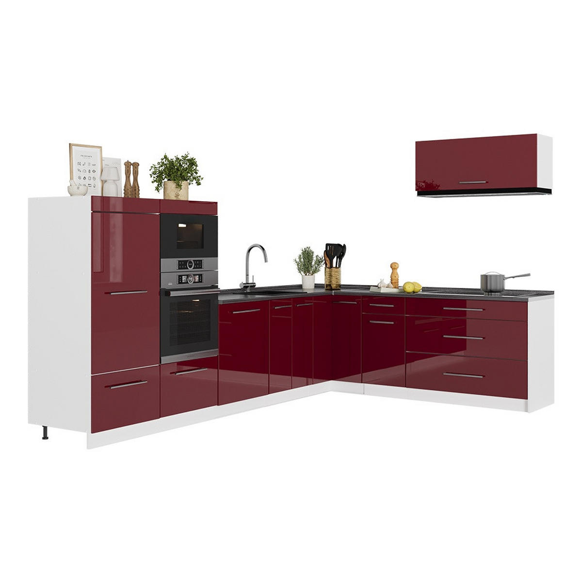 KUHINJA U OBLIKU SLOVA L Fame-Line, Bordo visokog sjaja/Bijela, 327 x 227 cm, RP Mramor - bijela/bordo, drvni materijal (327/153.6/60cm) - Vicco