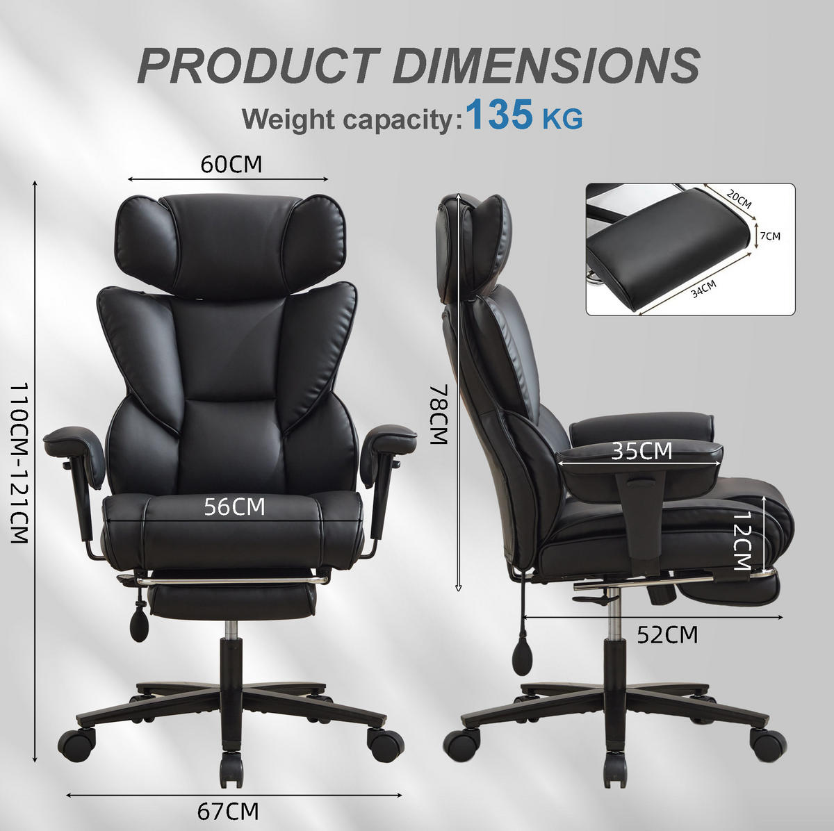 BÜROSTUHL in Schwarz 52x56x121 cm mit verstellbarer Kopfstütze und Lendenwirbelstütze - Schwarz, Leder (56/121/52cm) - IVMEU