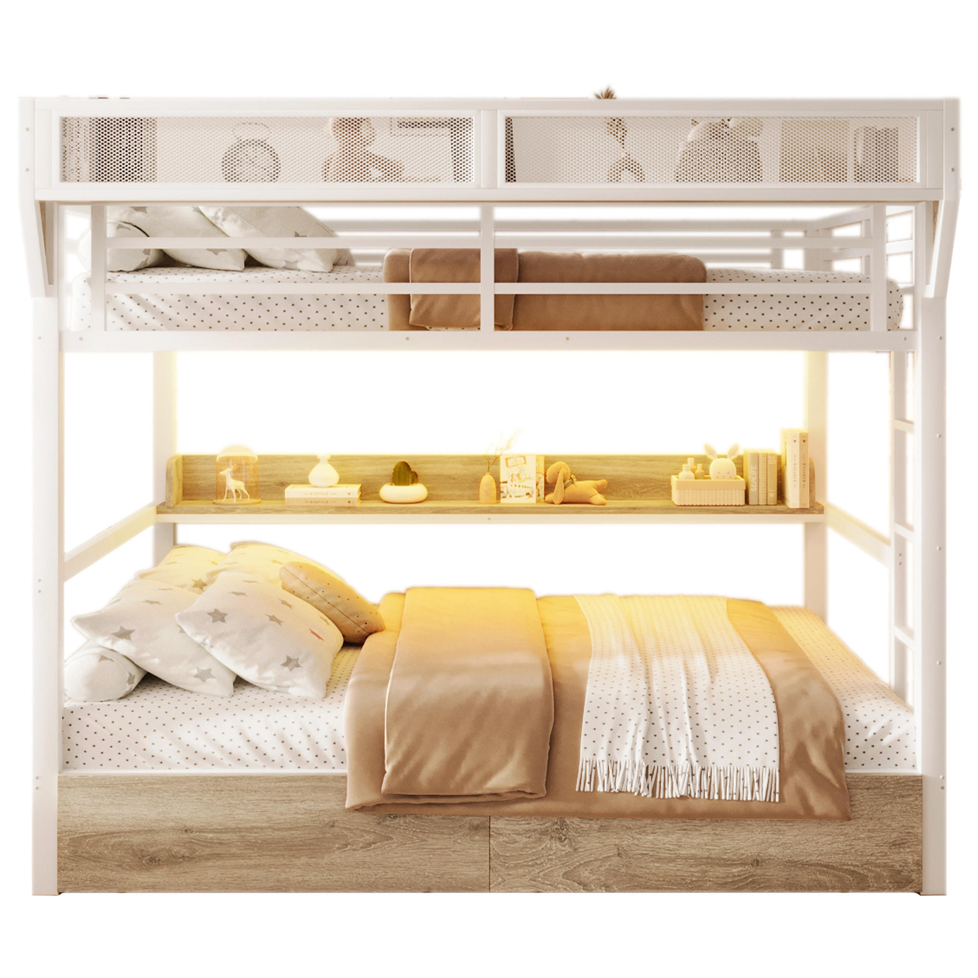 ETAGENBETT 140/200 cm in Weiß mit Ablagebord, Aufbewahrungskorb, Schubladen und LED - Weiß, Holzwerkstoff/Metall (140/200cm) - WISHDOR