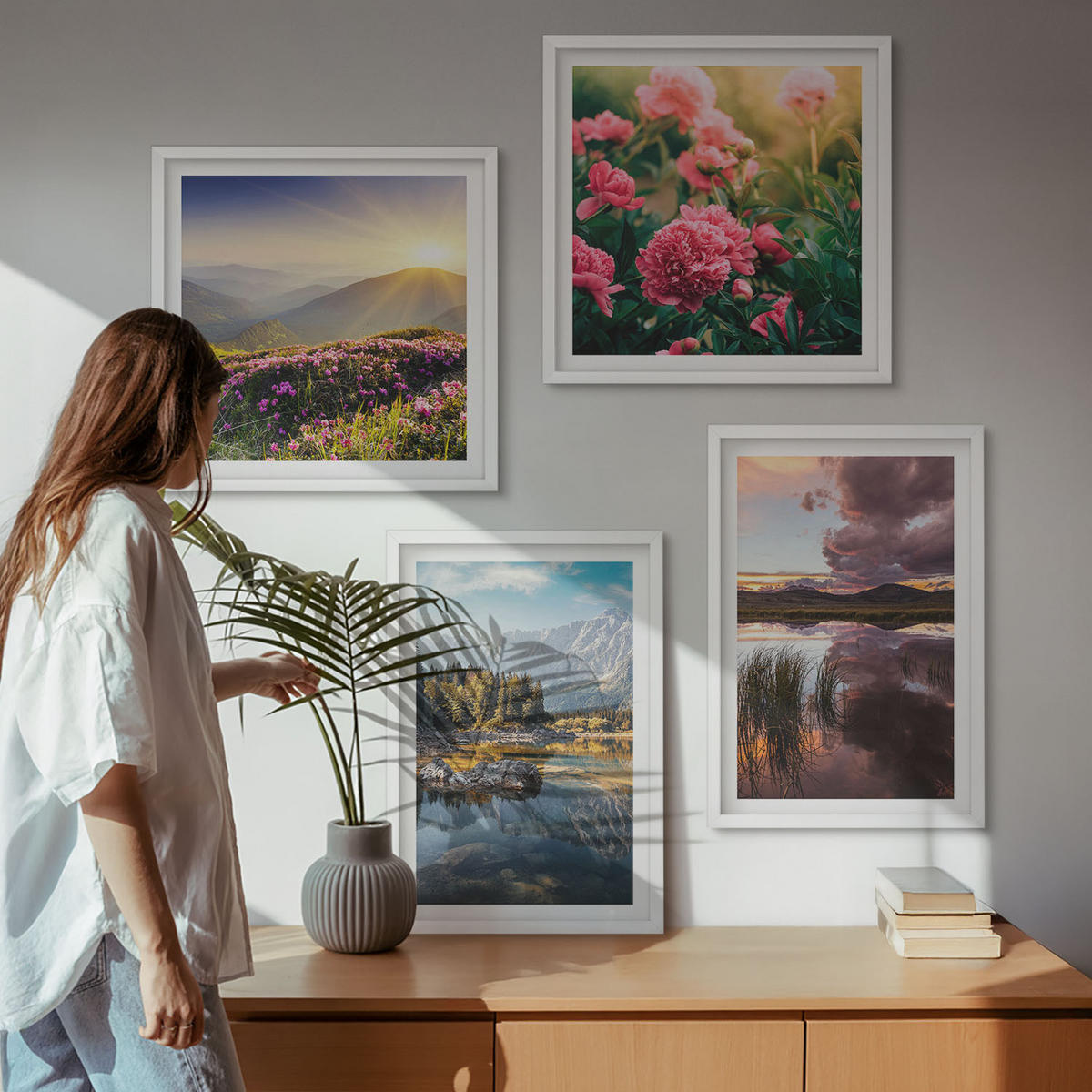 WANDBILDER 4er-Set - 50x50 cm & 40x60 cm Weißer Rahmen - Blumengarten, Bergwiese, Wasser - Weiß, Kunststoff (50/50cm) - ArtPrintCave