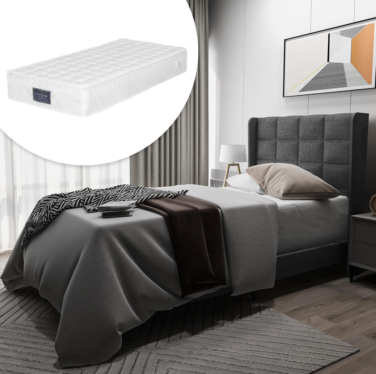 POLSTERBETT 90/200 cm Grau aus Leinen mit Lattenrost und Federkernmatratze - Grau, Textil (90/200cm) - OKMYHOME