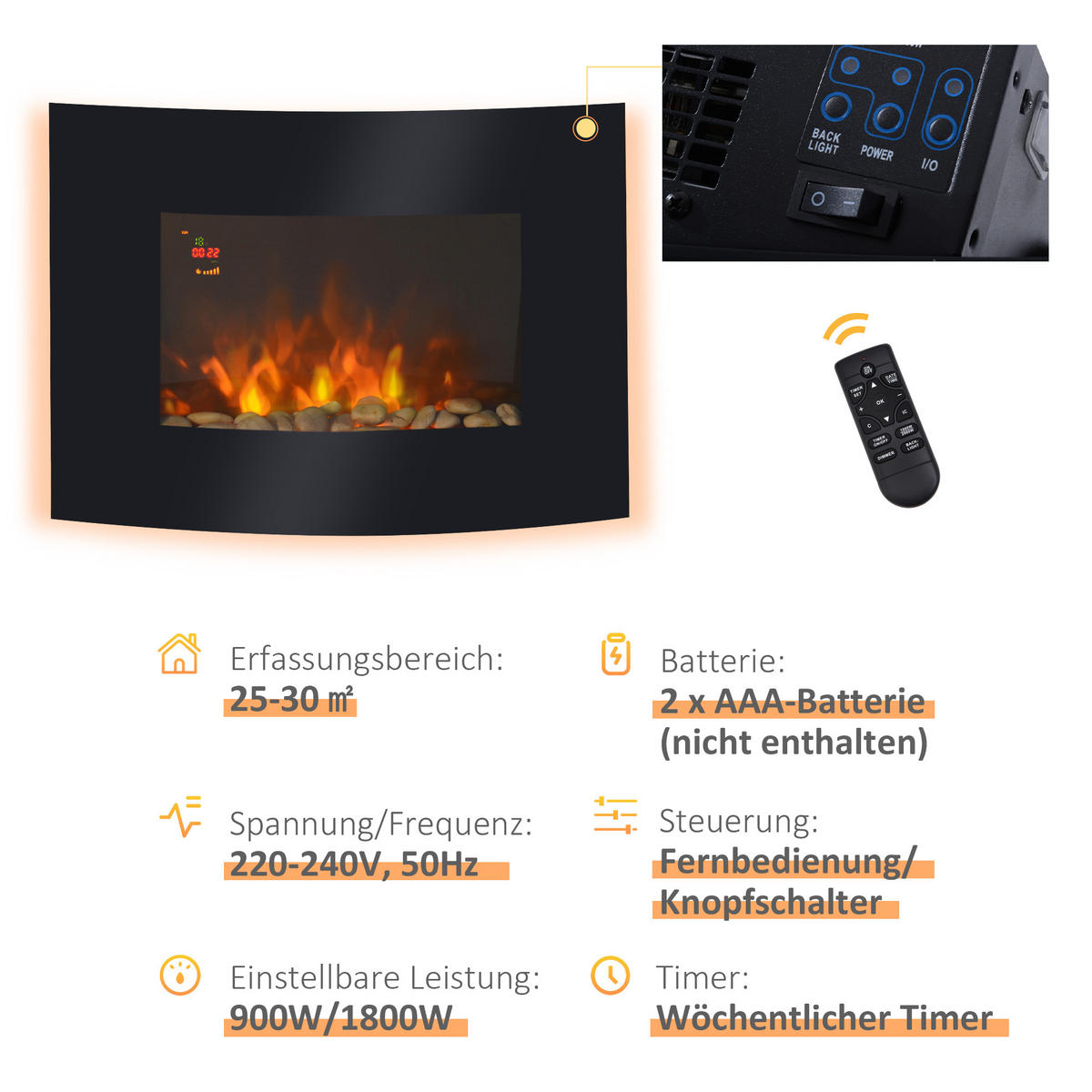 ELEKTROKAMIN Kaminofen Kamin Wandkamin mit Fernbedienung 2 Maße LED Licht - Schwarz, Metall (11.4/52/65cm) - HOMCOM