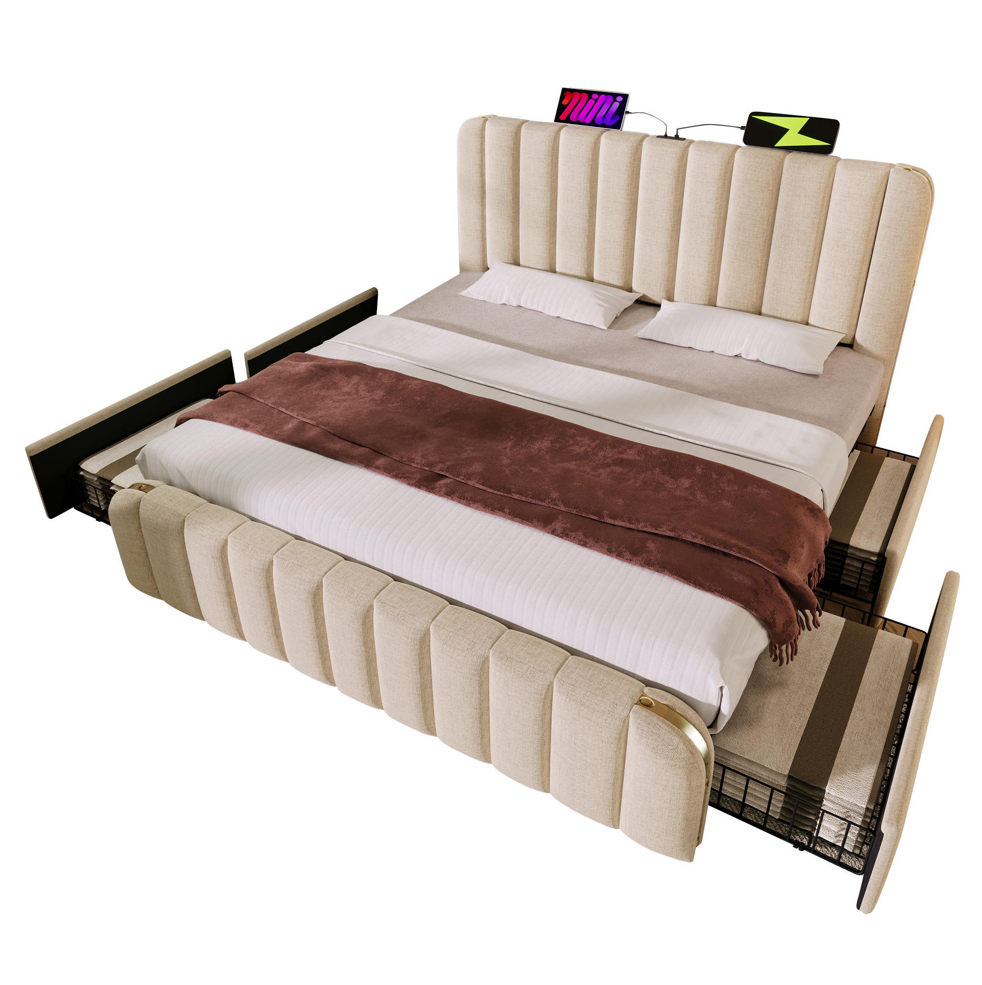 Modfu ČALOUNĚNÁ postel ze lnu 180x200 cm béžová s USB, USB-C, 4 zásuvkami a matrací 7 zón H3