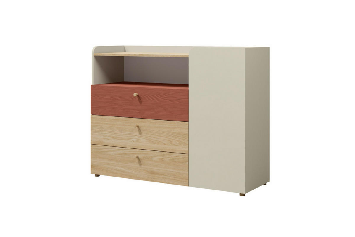 KINDERKOMMODE YOGI 09 120/93 cm in Graubeige / Geölte Eiche / Koralle - Greige/Koralle, Holzwerkstoff (120/93/40cm) - Deine Möbel 24
