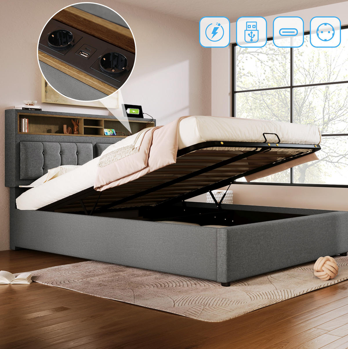 POLSTERBETT 160/200 cm grau mit verstellbarem Kopfteil und USB-Anschluss - Grau, Textil (160/200cm) - OKWISH
