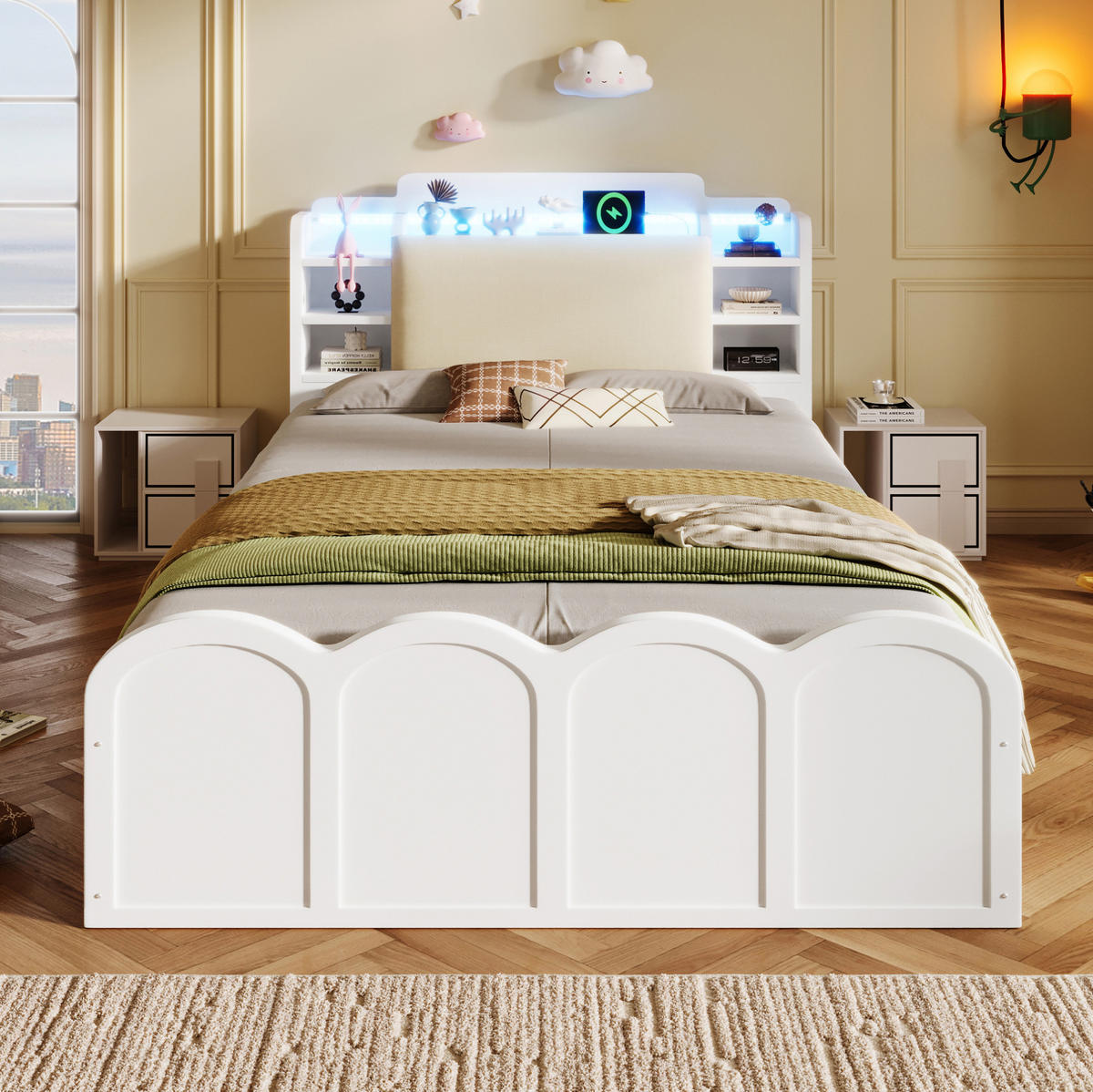 PANEELBETT 90x200 cm Weiß mit hydraulischem Stauraum, LED-Beleuchtung und USB-C-Anschluss - Weiß, Holzwerkstoff (90/200cm) - IVMEU