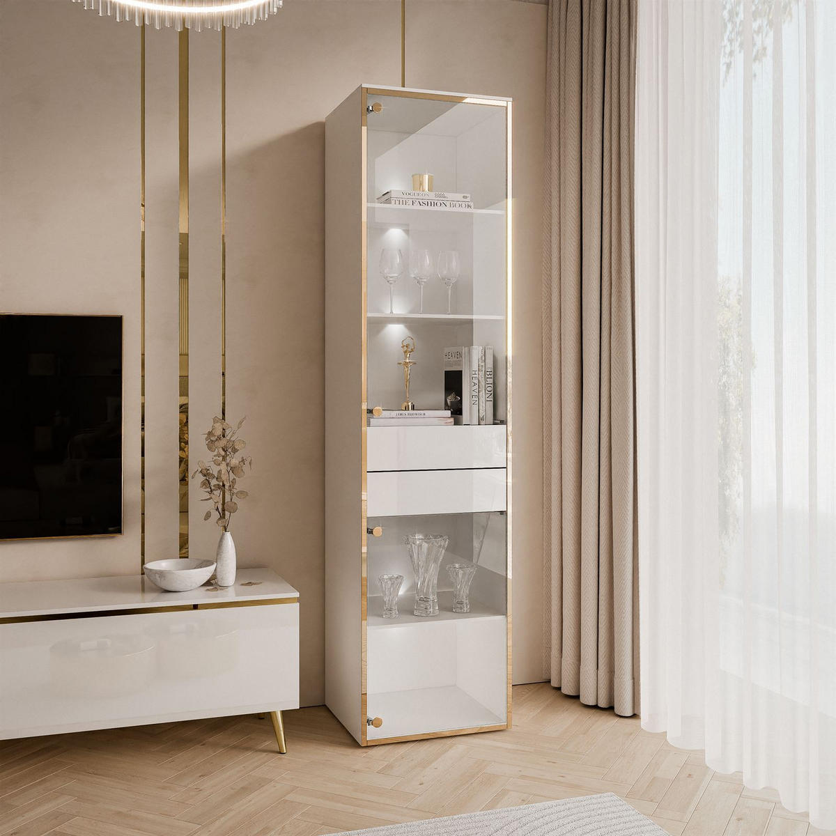 VITRINE AURORA in Weiß hochglanz mit LED-Beleuchtung mit Fuße - Weiß Hochglanz/Schwarz, Holzwerkstoff/Kunststoff (45/181/40cm) - Lookway