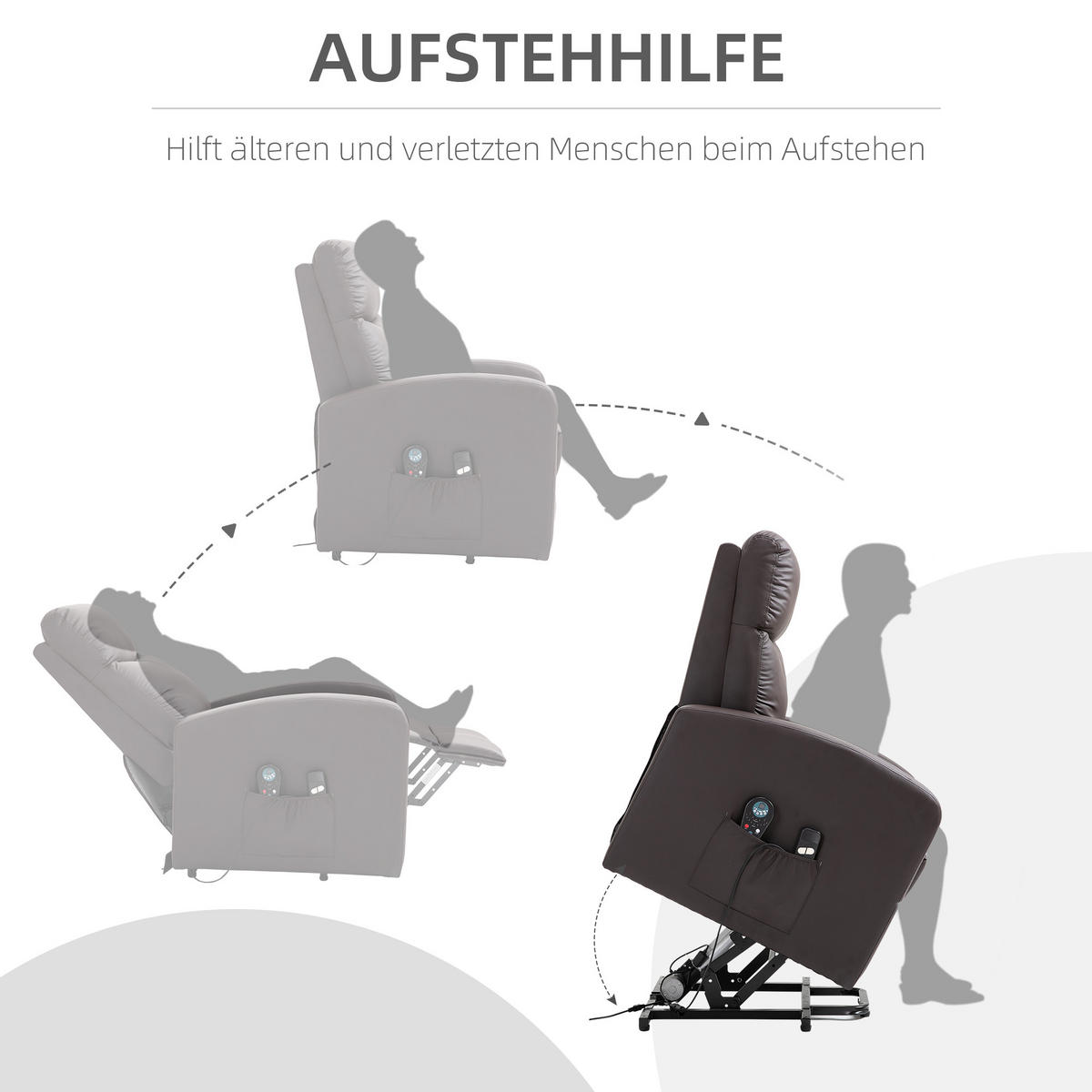 SESSEL mit Aufstehhilfe, Massagesessel mit Liegefunktion, Fernbedienung, Braun - Braun, Kunststoff (89/105/72cm) - HOMCOM